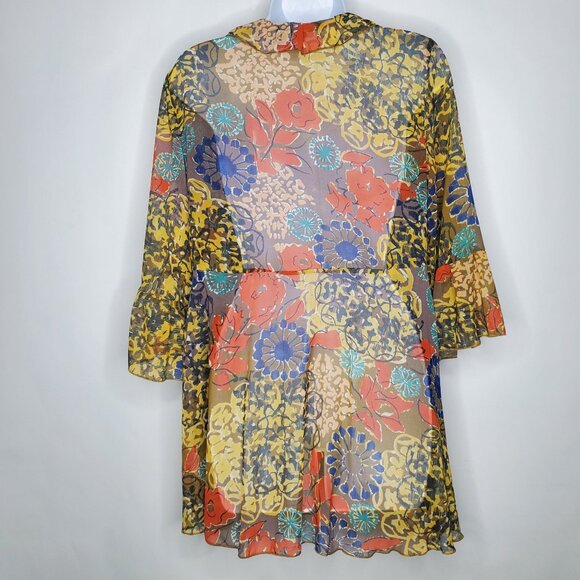 Cabi Womens Floral Abstract Sheer Ruffle Tie Front Blouse Size M Art To Wear - Picture 3 of 10